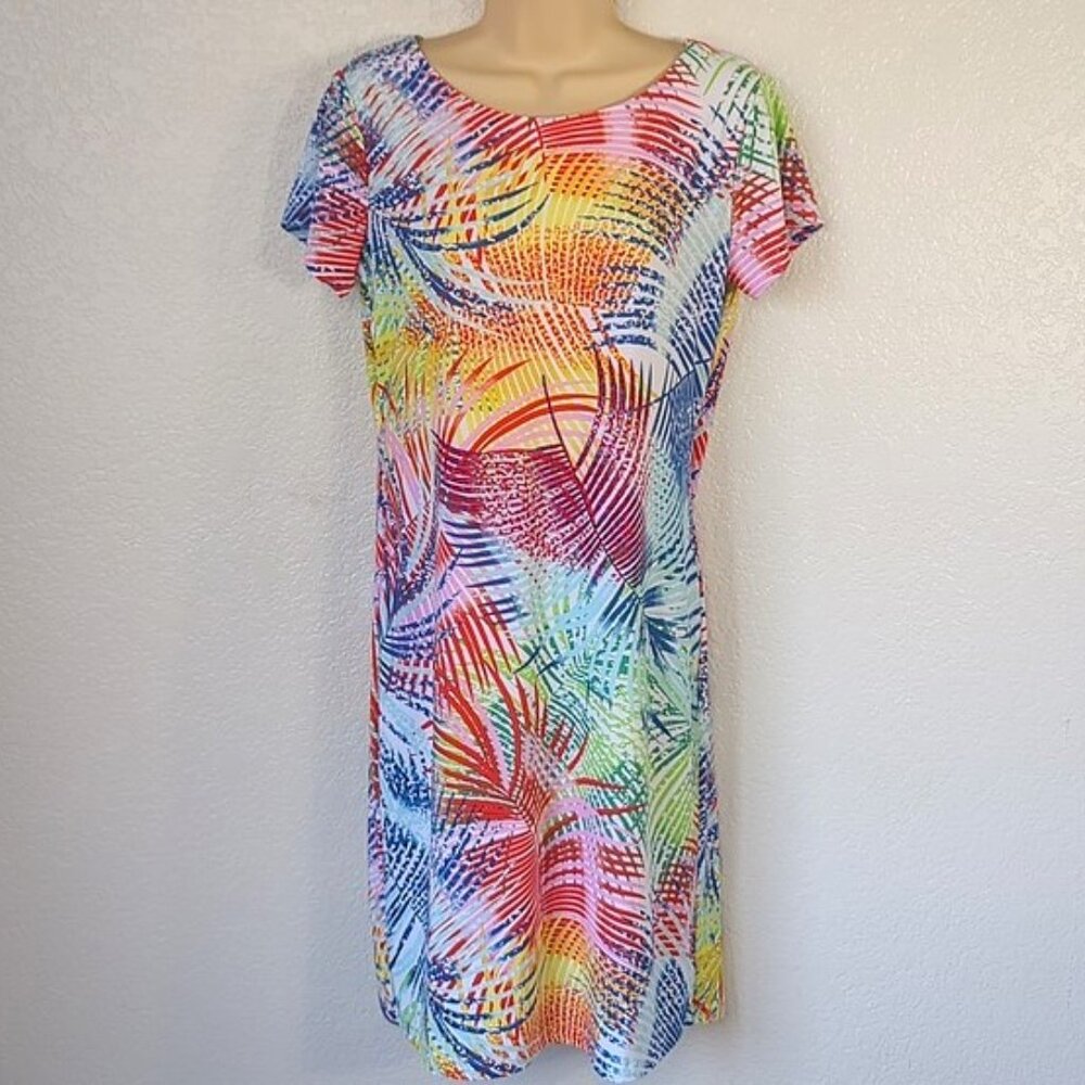 Pappagallo Sz S Shift Dress Tropical Leaf Print Short Sleeve Round Neckline